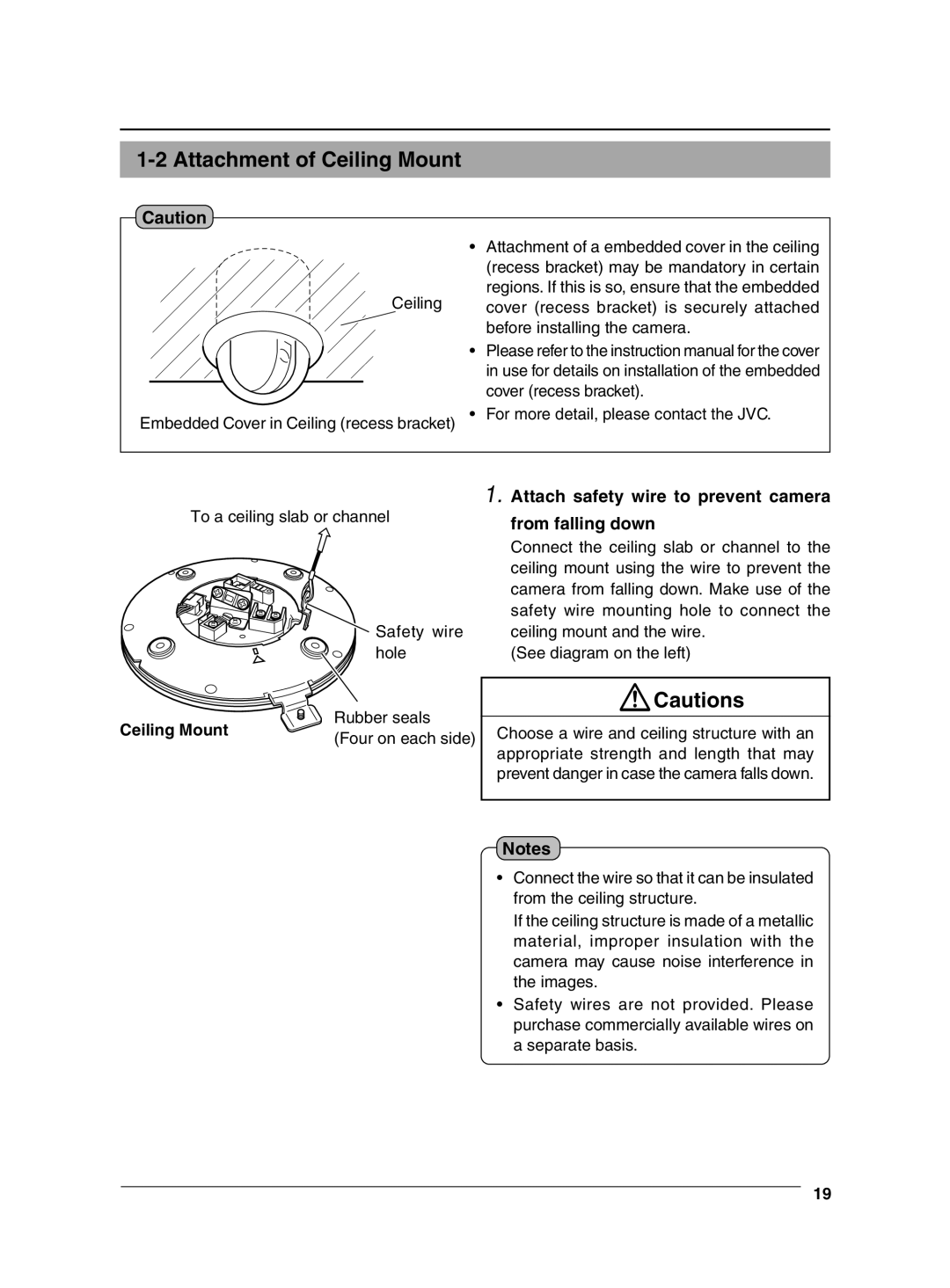 JVC VN-C655 manual Attachment of Ceiling Mount, Attach safety wire to prevent camera from falling down 