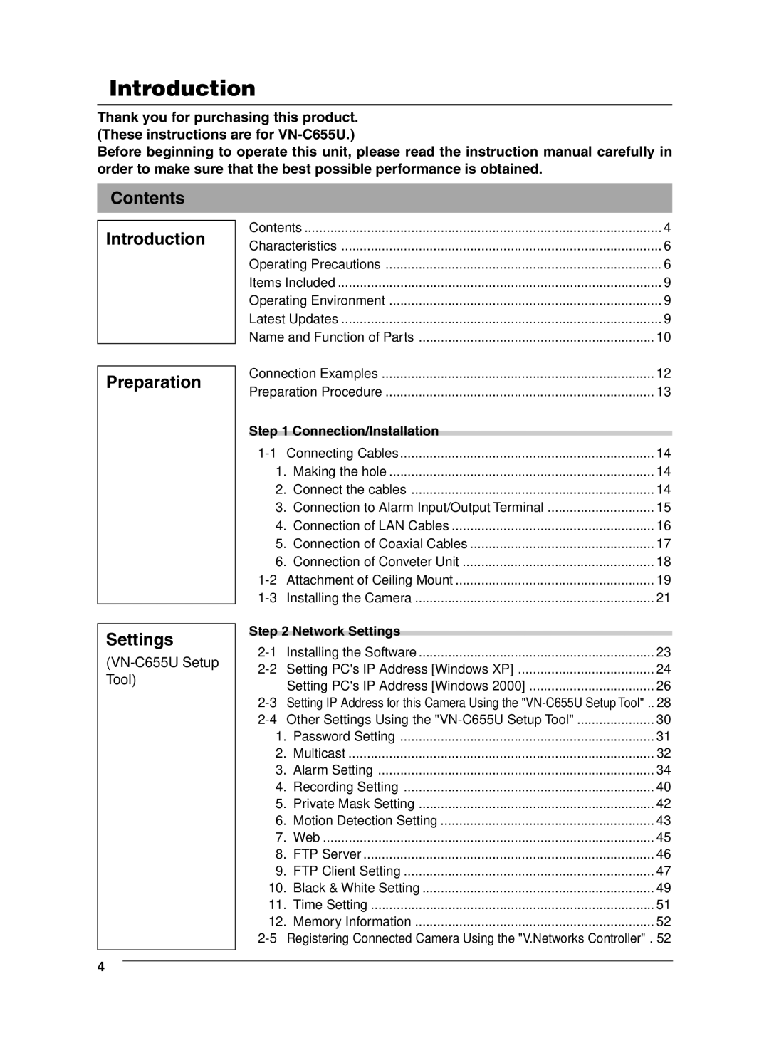 JVC VN-C655 manual Contents Introduction, Preparation Settings 