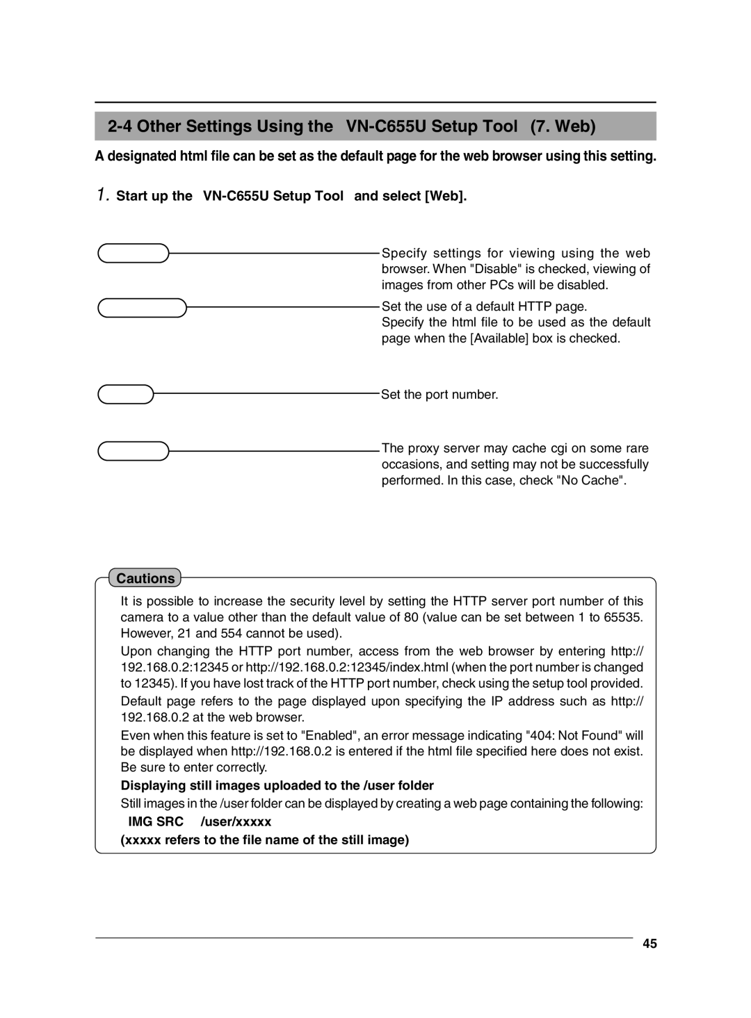 JVC manual Other Settings Using the VN-C655U Setup Tool 7. Web, Displaying still images uploaded to the /user folder 