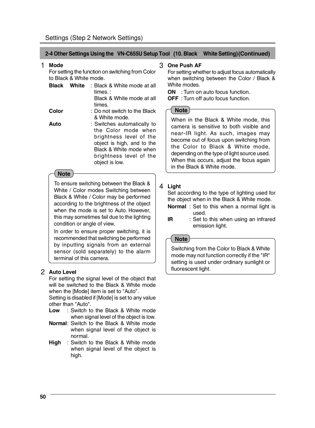 JVC VN-C655 manual One Push AF, Auto Level, Light 