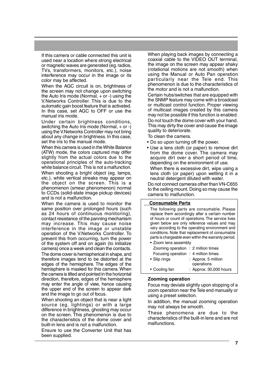 JVC VN-C655 manual  Consumable Parts,  Zooming operation 