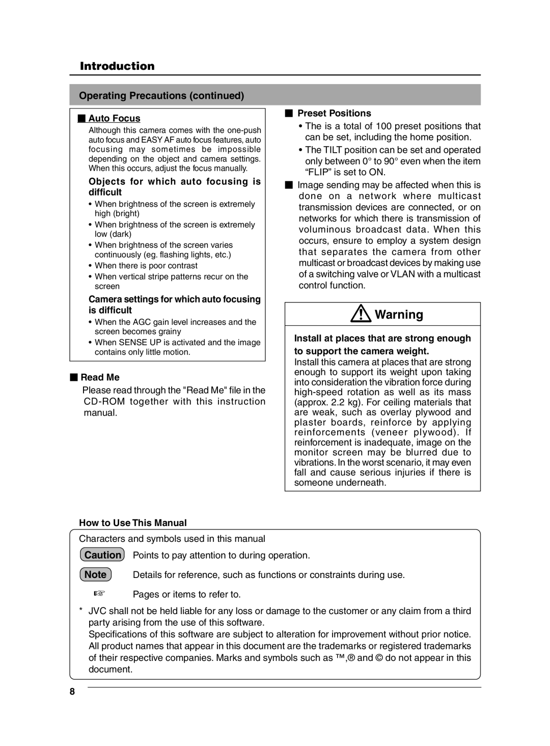 JVC VN-C655 manual Operating Precautions 