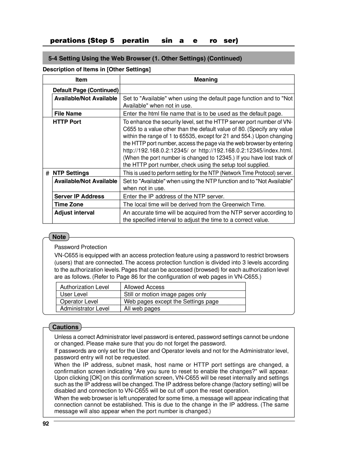 JVC VN-C655 manual Setting Using the Web Browser 1. Other Settings, Http port number, check using the setup tool supplied 