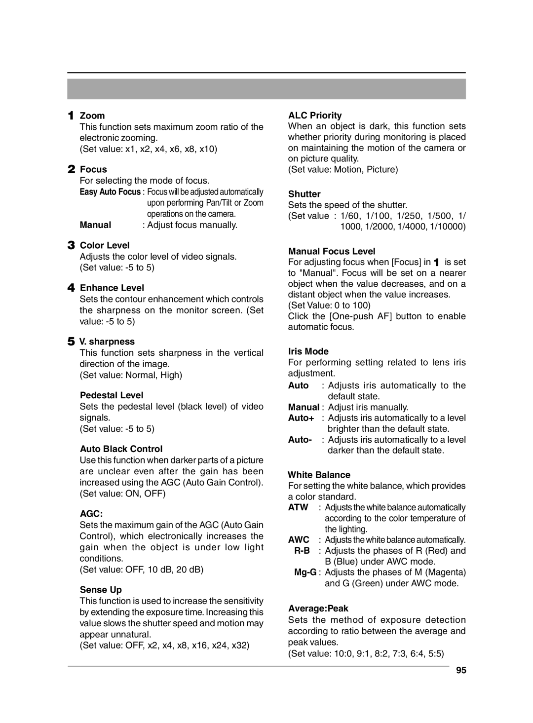 JVC VN-C655 manual Agc, @ Manual Focus Level, # Iris Mode, $ White Balance, AveragePeak 