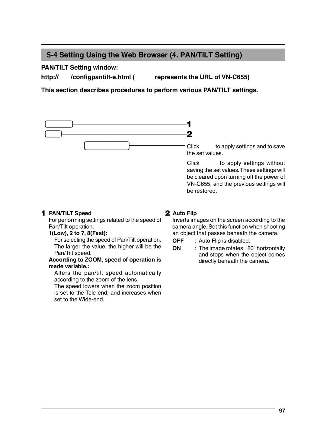 JVC VN-C655 manual Setting Using the Web Browser 4. PAN/TILT Setting, PAN/TILT Speed Auto Flip, 1Low, 2 to 7, 8Fast 