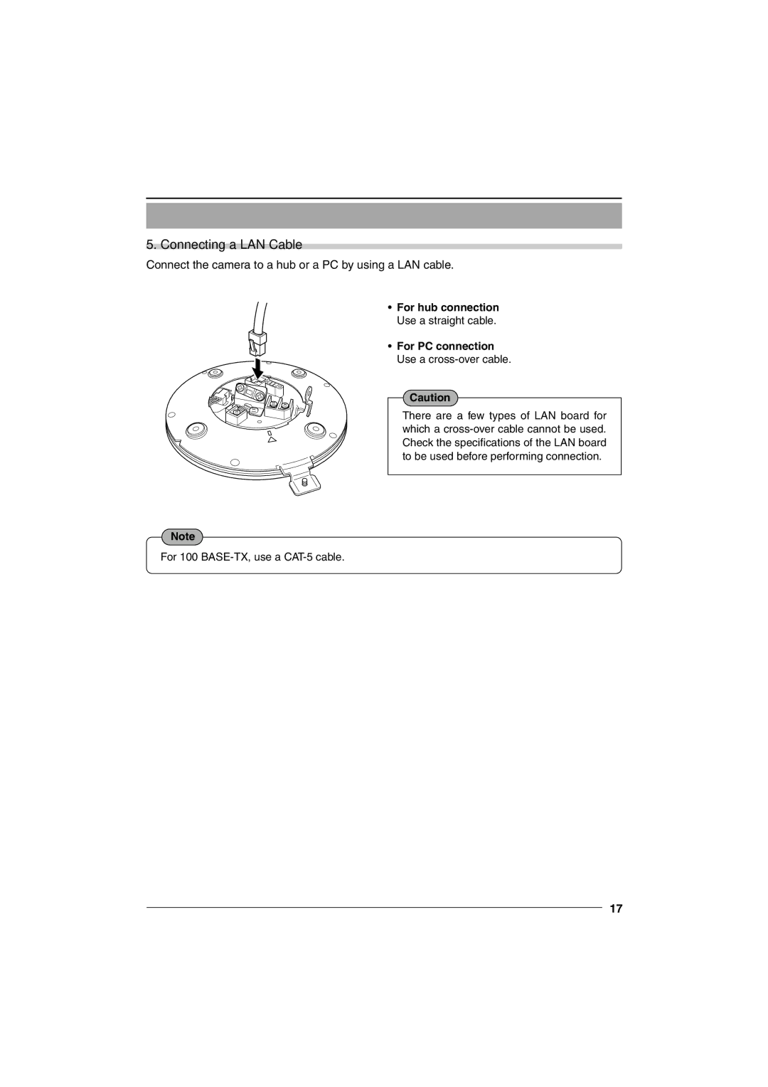 JVC VN-C655U manual Connecting a LAN Cable, ¥ For hub connection, ¥ For PC connection Use a cross-over cable 