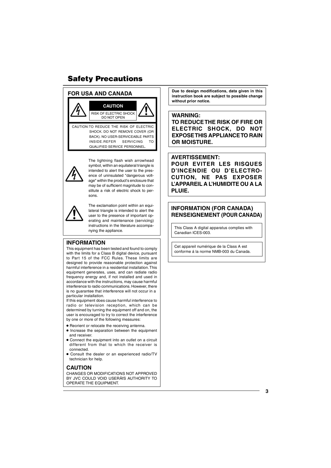 JVC VN-C655U manual Safety Precautions, For USA and Canada 