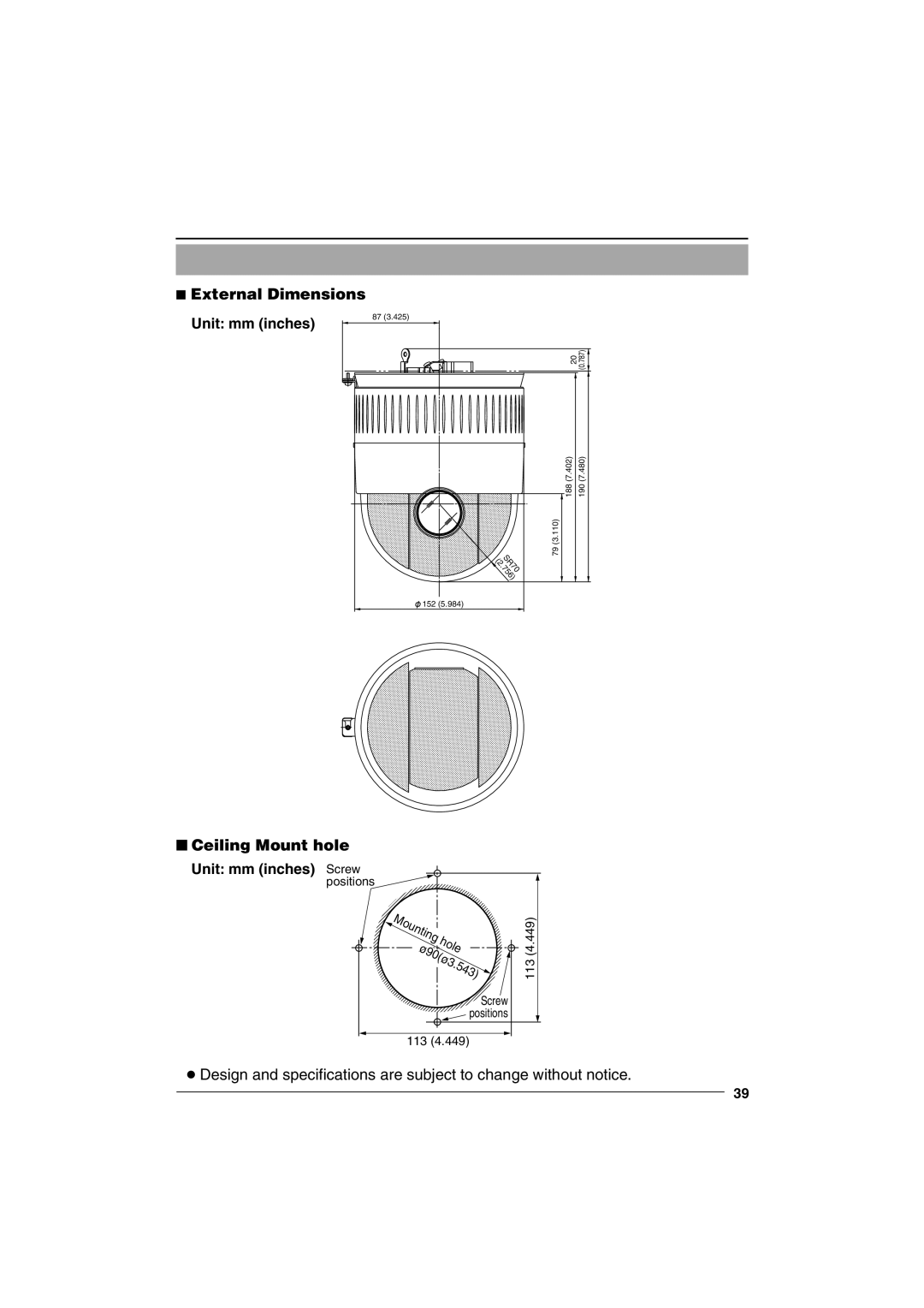 JVC VN-C655U manual External Dimensions Unit mm inches, Ceiling Mount hole Unit mm inches Screw 