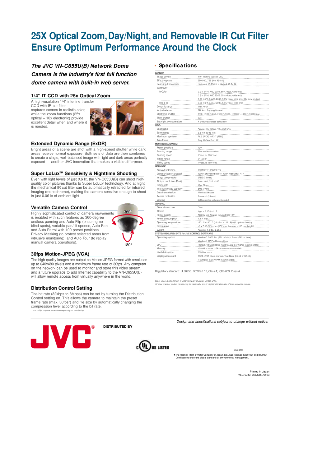 JVC VN-C655U IT CCD with 25x Optical Zoom, Extended Dynamic Range ExDR, Super LoLuxTM Sensitivity & Nighttime Shooting 