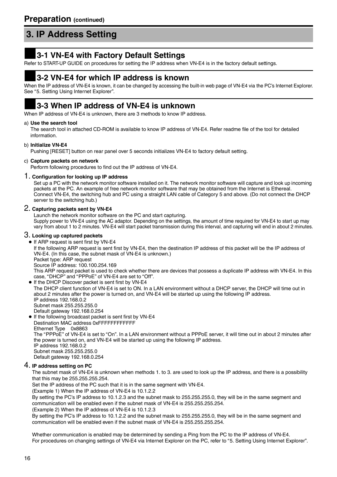 JVC manual IP Address Setting,  3-1 VN-E4with Factory Default Settings,  3-2 VN-E4for which IP address is known 