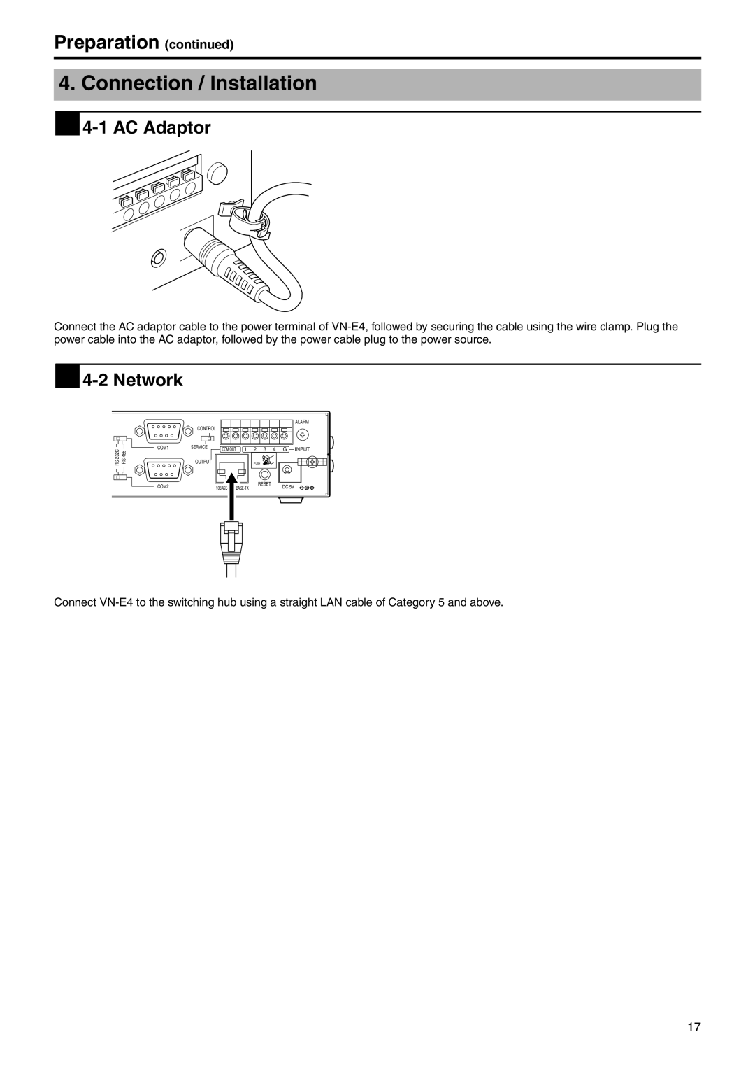 JVC VN-E4 manual Connection / Installation,  4-1 AC Adaptor,  4-2 Network 