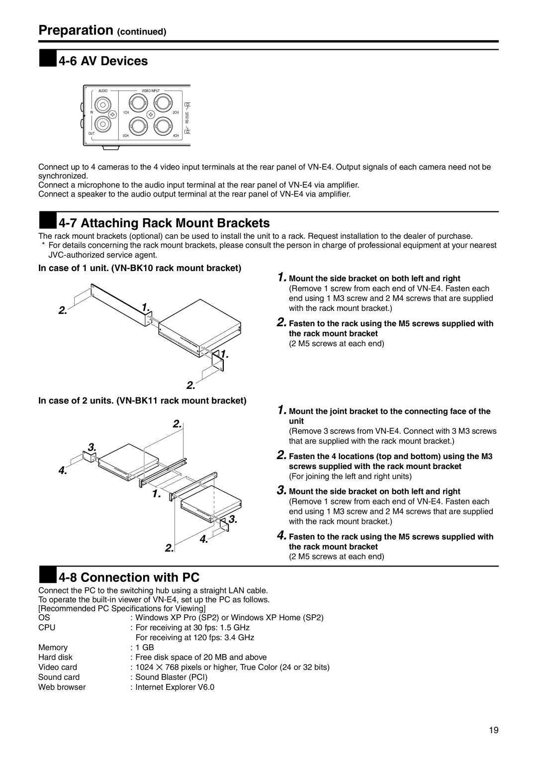 JVC VN-E4 manual  4-6 AV Devices,  4-7 Attaching Rack Mount Brackets,  4-8 Connection with PC 