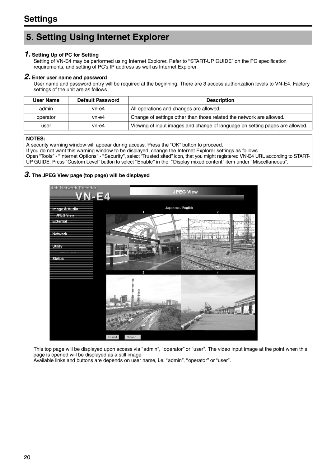 JVC VN-E4 manual Setting Using Internet Explorer, Setting Up of PC for Setting, Enter user name and password 