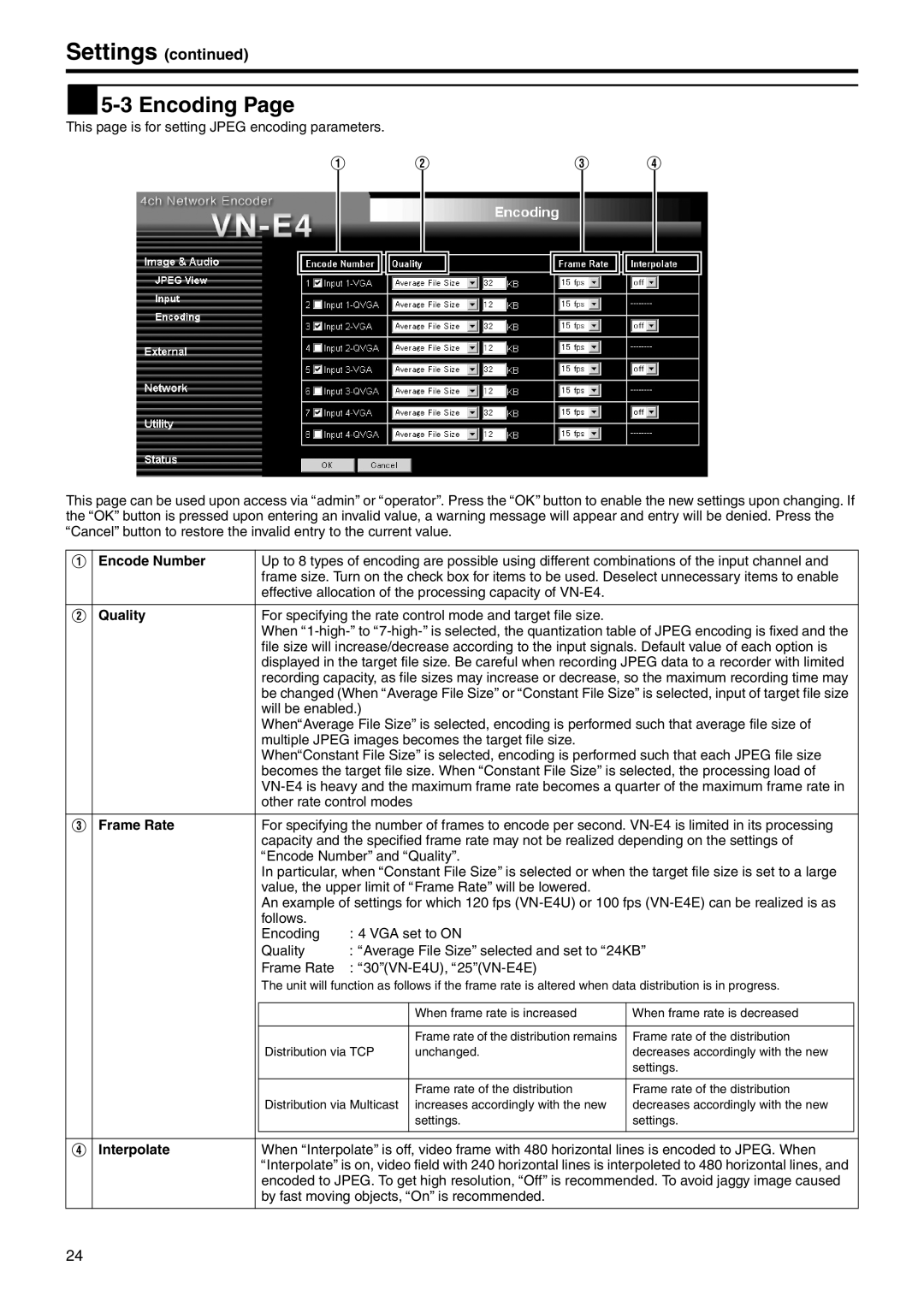 JVC VN-E4 manual  5-3 Encoding, Encode Number, Quality, Frame Rate, Interpolate 