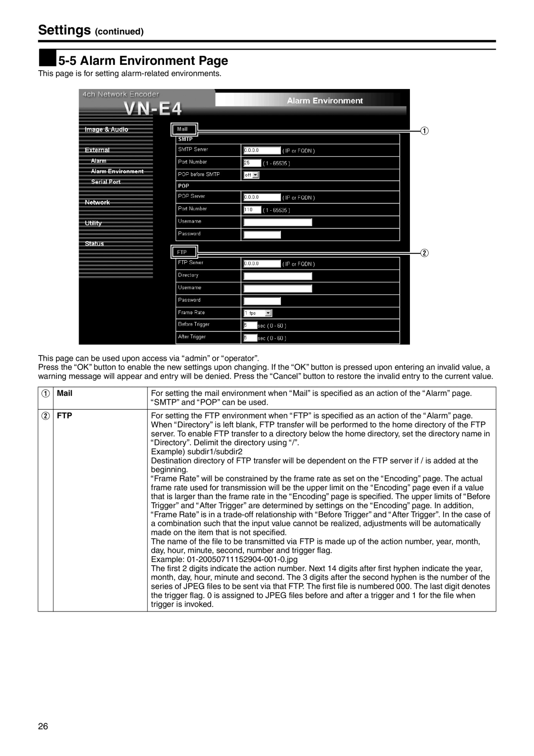 JVC VN-E4 manual  5-5 Alarm Environment, Mail, Ftp 