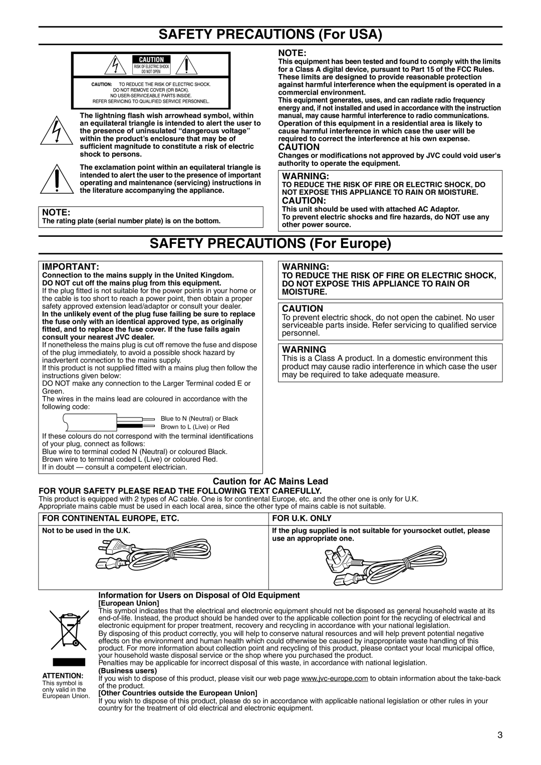 JVC VN-E4 manual For Your Safety Please Read the Following Text Carefully, For Continental EUROPE, ETC For U.K. only 