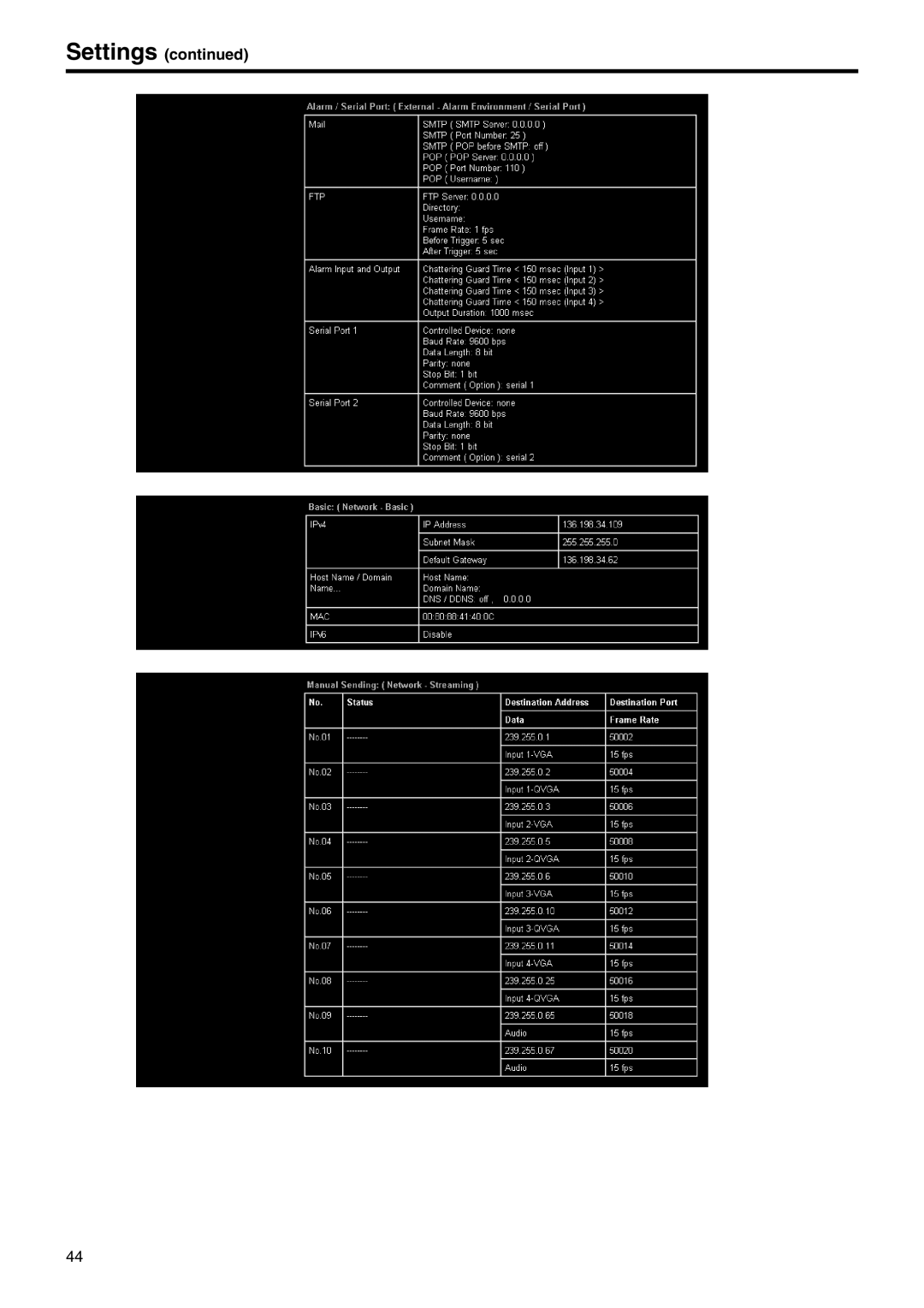 JVC VN-E4 manual Settings 