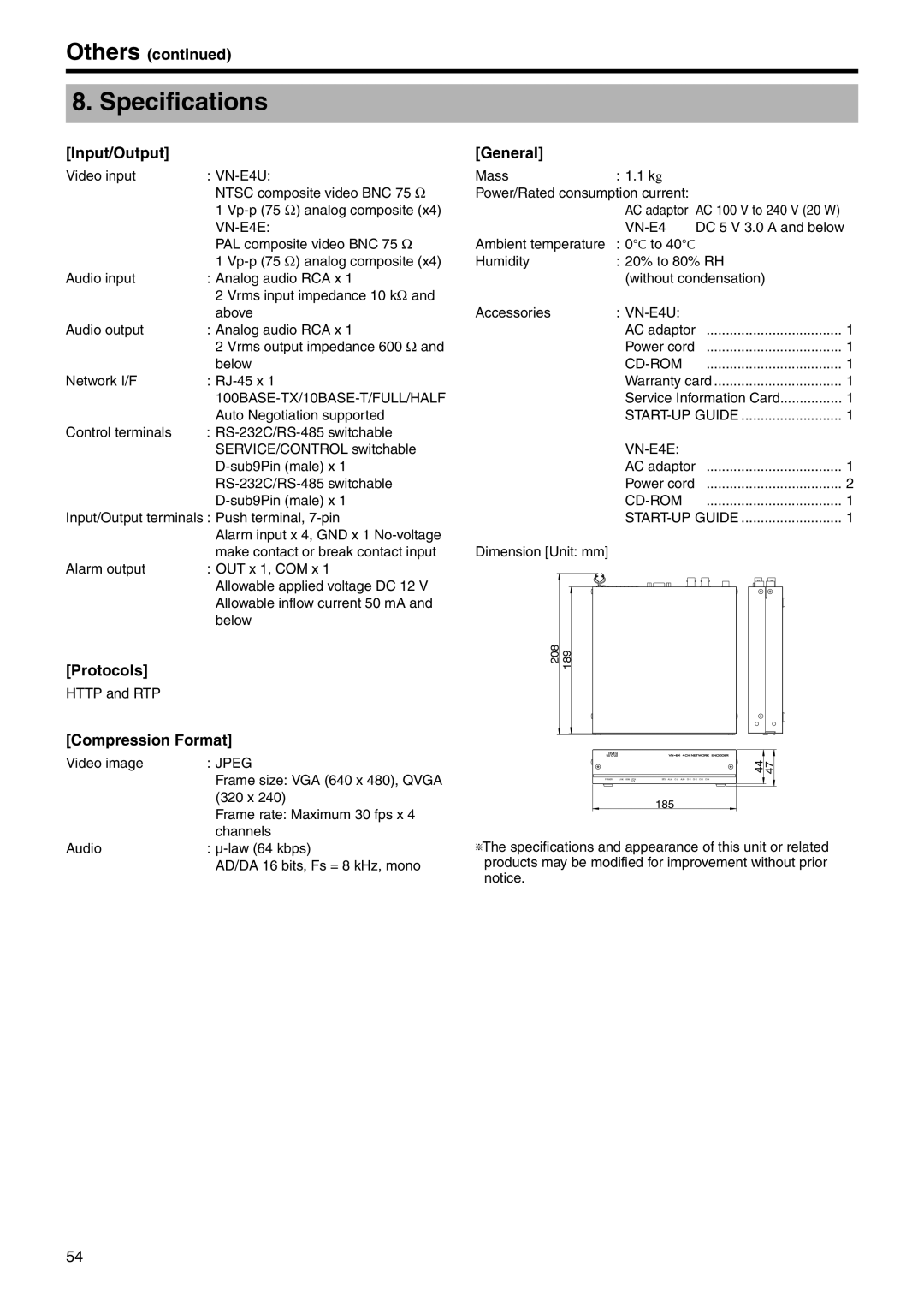 JVC VN-E4 manual Specifications, Others, Input/Output, Compression Format, General 