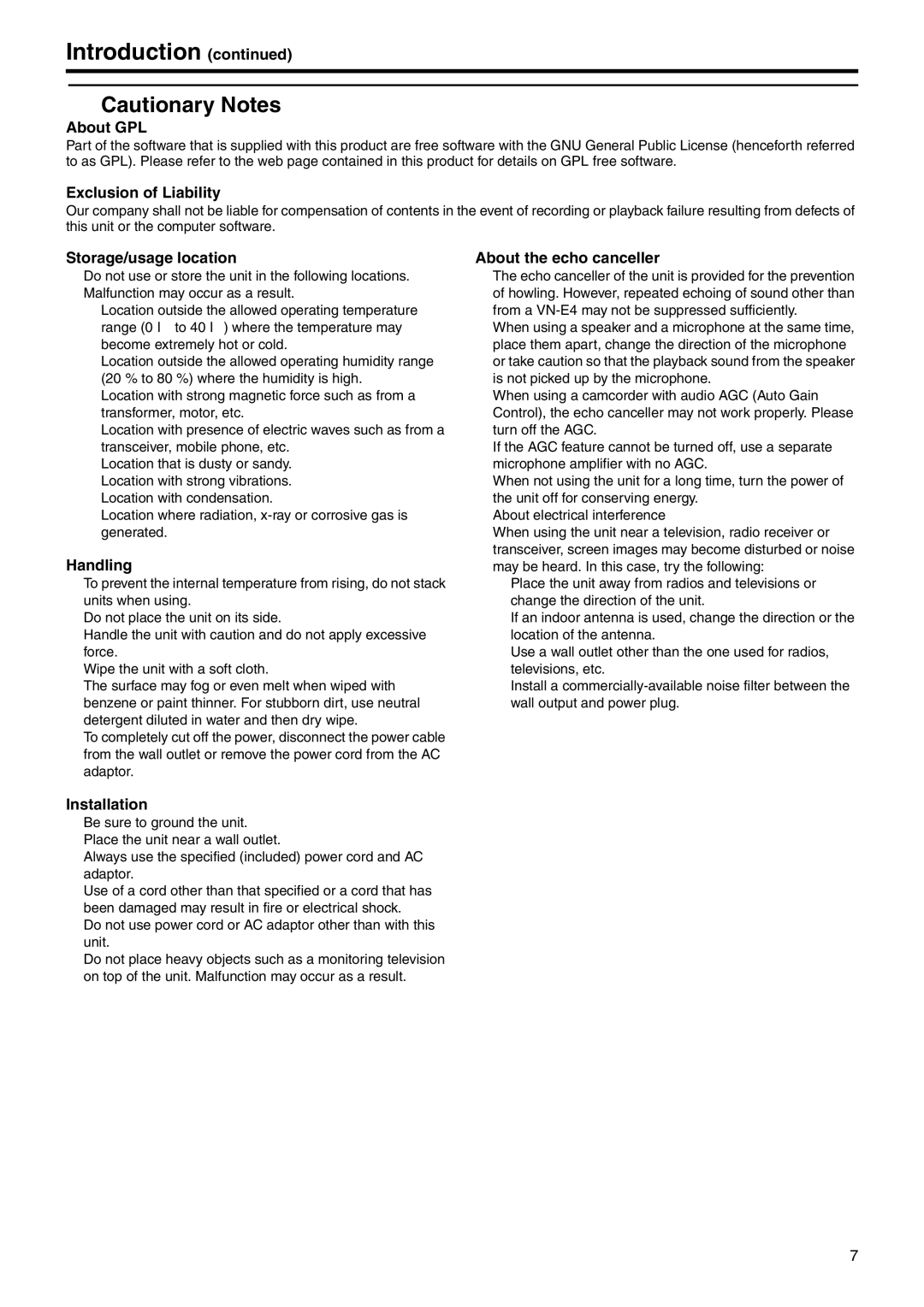 JVC VN-E4 manual  Cautionary Notes 