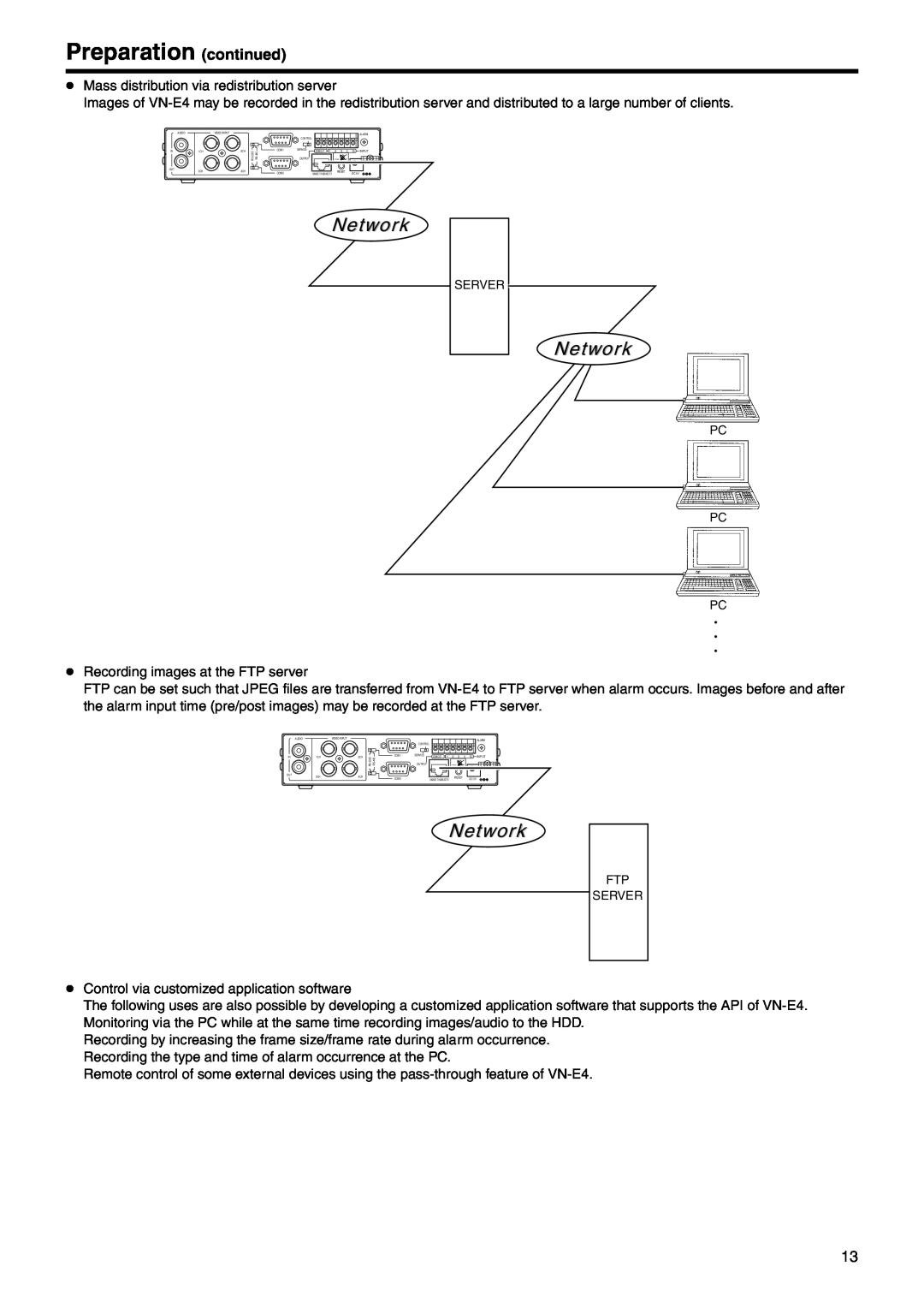 JVC VN-E4 manual Preparation continued, Network, Mass distribution via redistribution server 