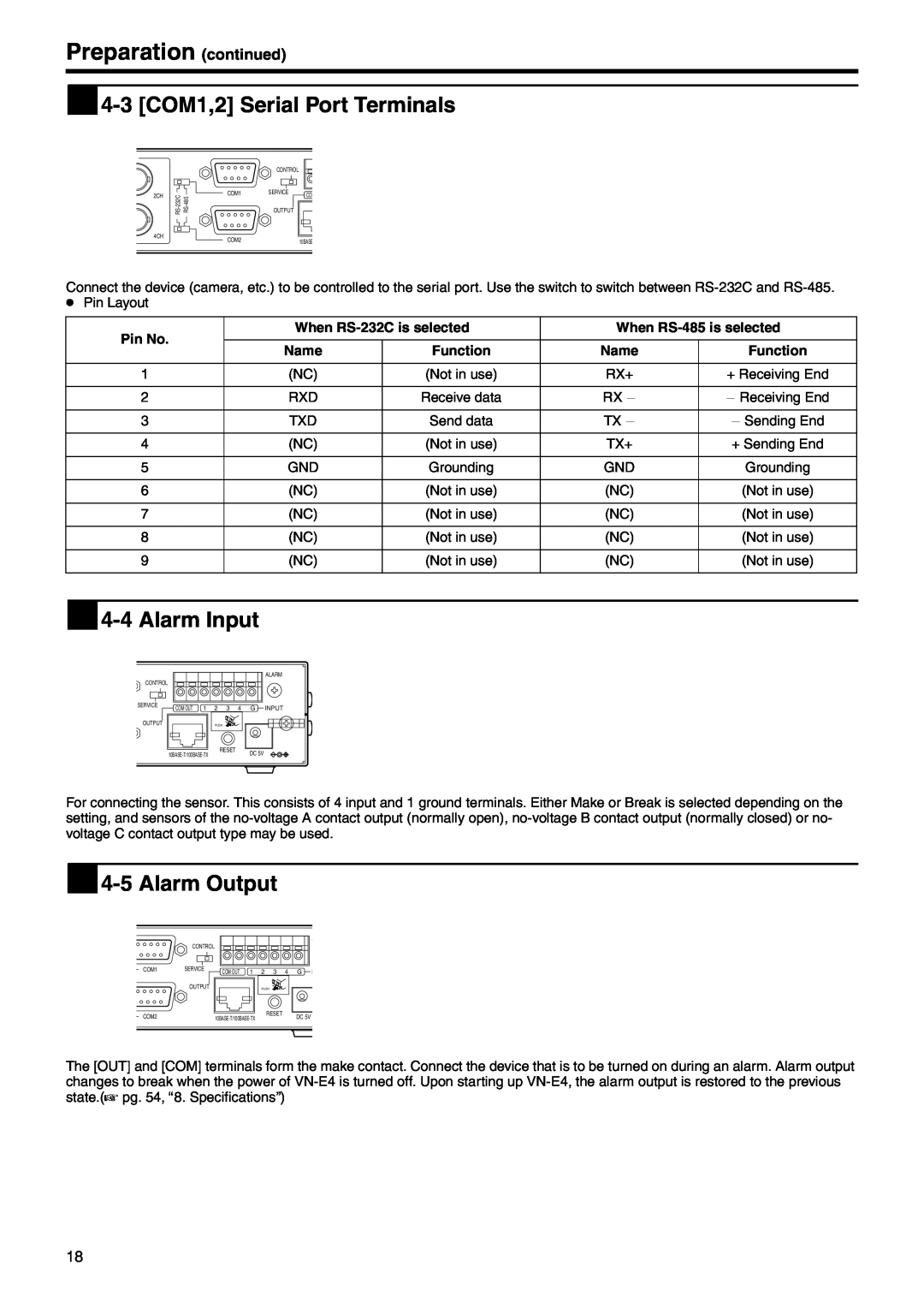 JVC VN-E4  4-3 COM1,2 Serial Port Terminals,  4-4 Alarm Input,  4-5 Alarm Output, Preparation continued, Pin No, Name 