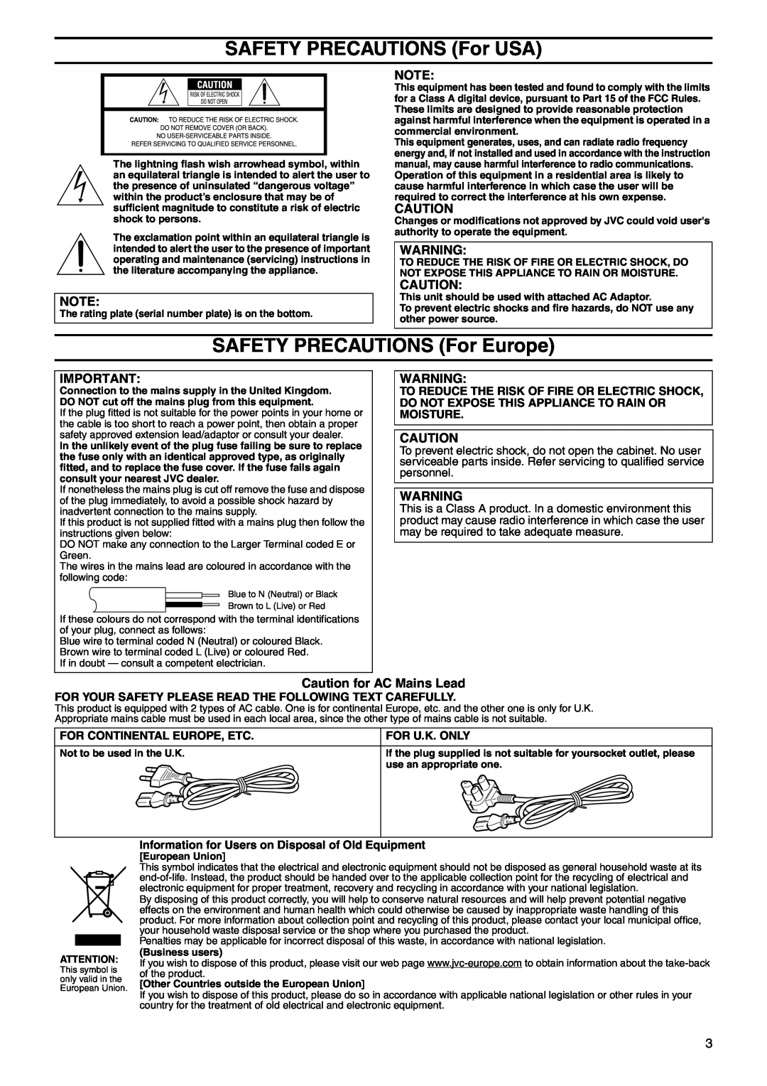 JVC VN-E4 manual SAFETY PRECAUTIONS For USA, SAFETY PRECAUTIONS For Europe, For Continental Europe, Etc, For U.K. Only 