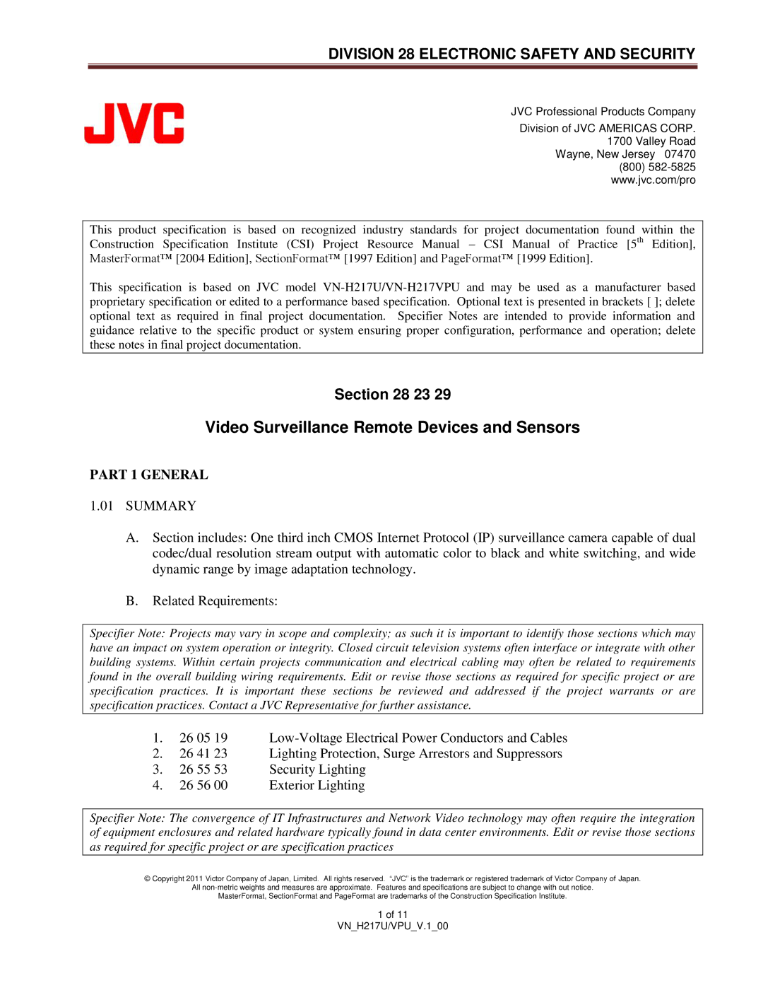 JVC VN-H217U specifications Part 1 General, Summary 