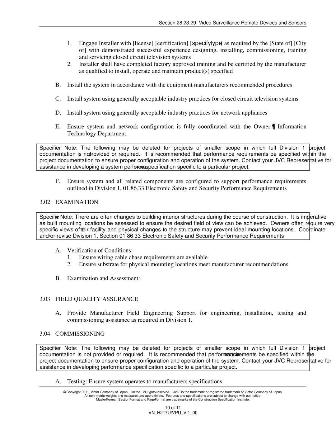 JVC VN-H217U specifications Examination, Field Quality Assurance, Commissioning 