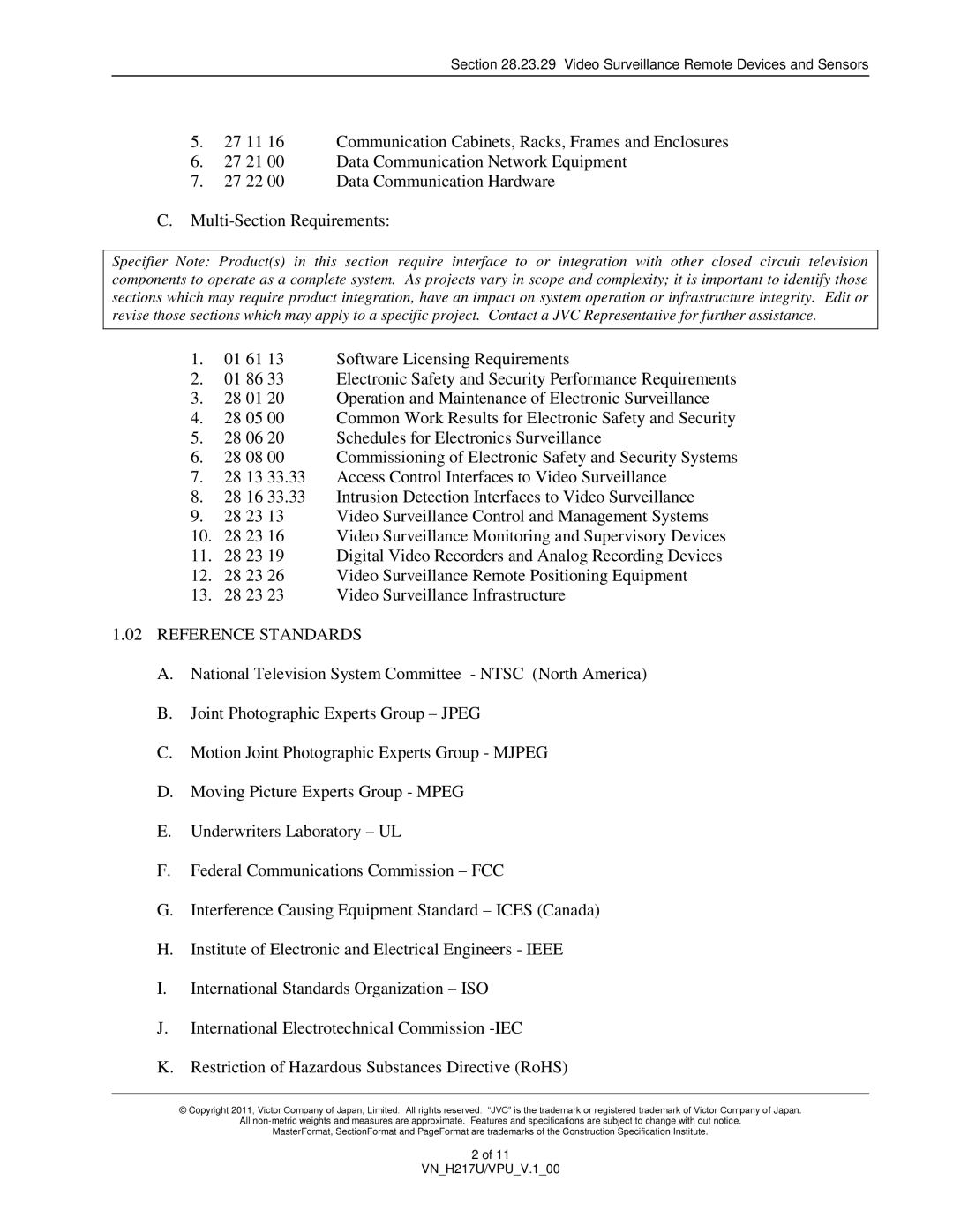 JVC VN-H217U specifications Reference Standards 