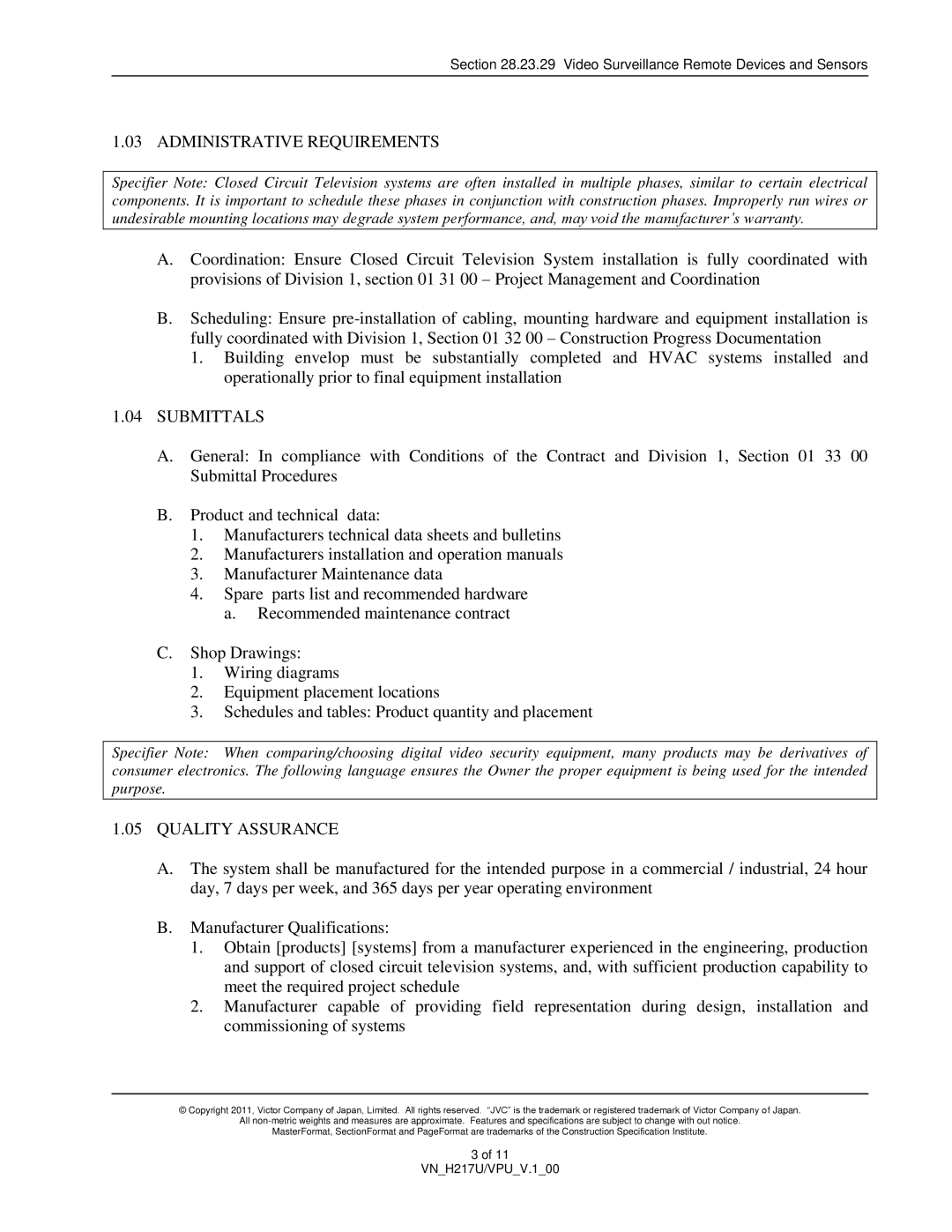 JVC VN-H217U specifications Administrative Requirements, Submittals, Quality Assurance 