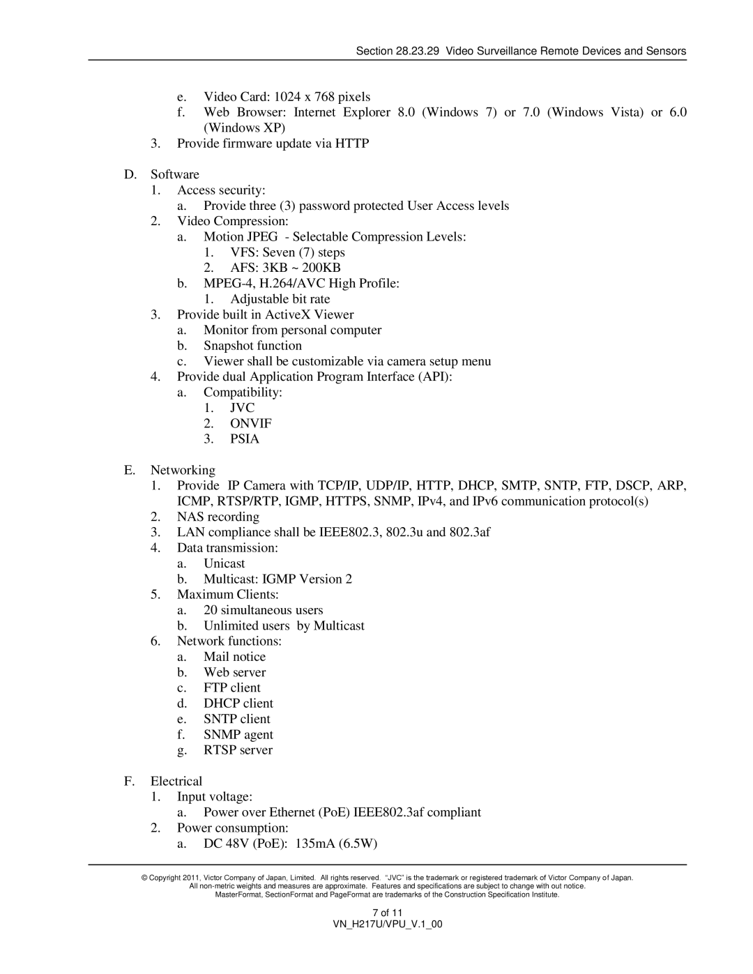 JVC VN-H217U specifications Onvif Psia 