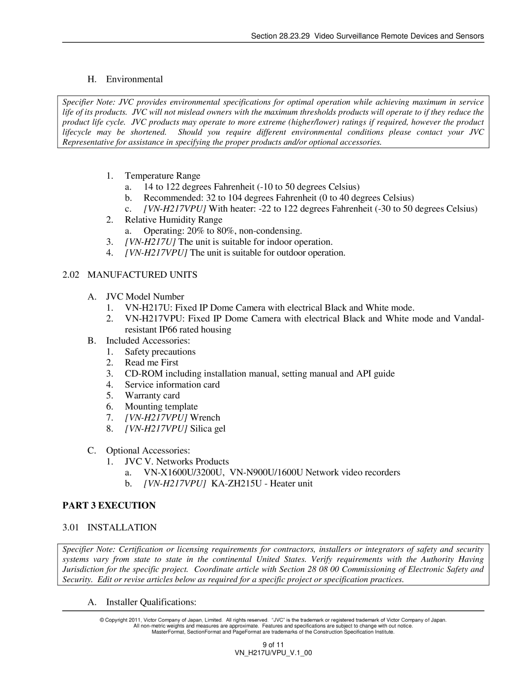 JVC VN-H217U specifications Manufactured Units, Part 3 Execution, Installation 