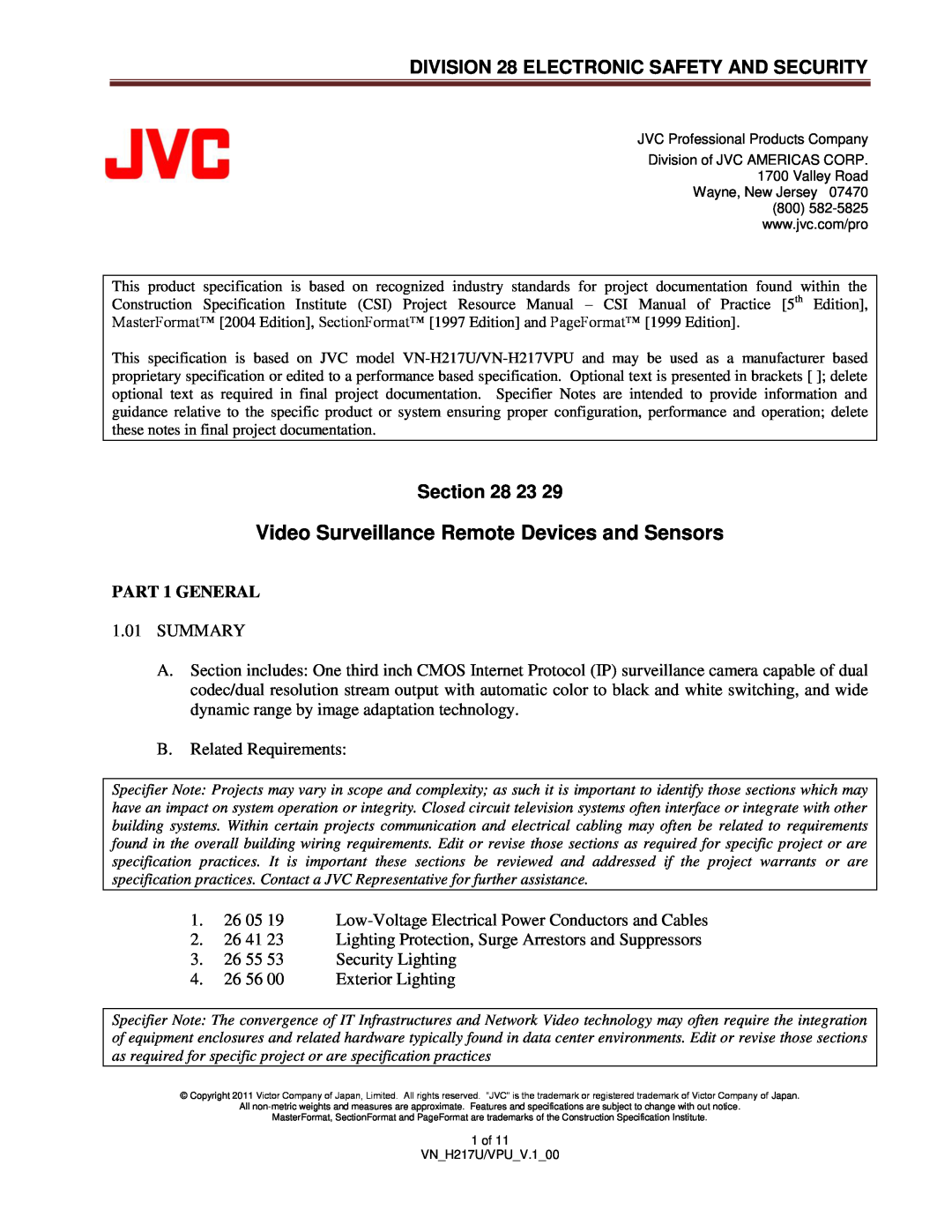 JVC VN-H217U specifications DIVISION 28 ELECTRONIC SAFETY AND SECURITY, 23, PART 1 GENERAL 