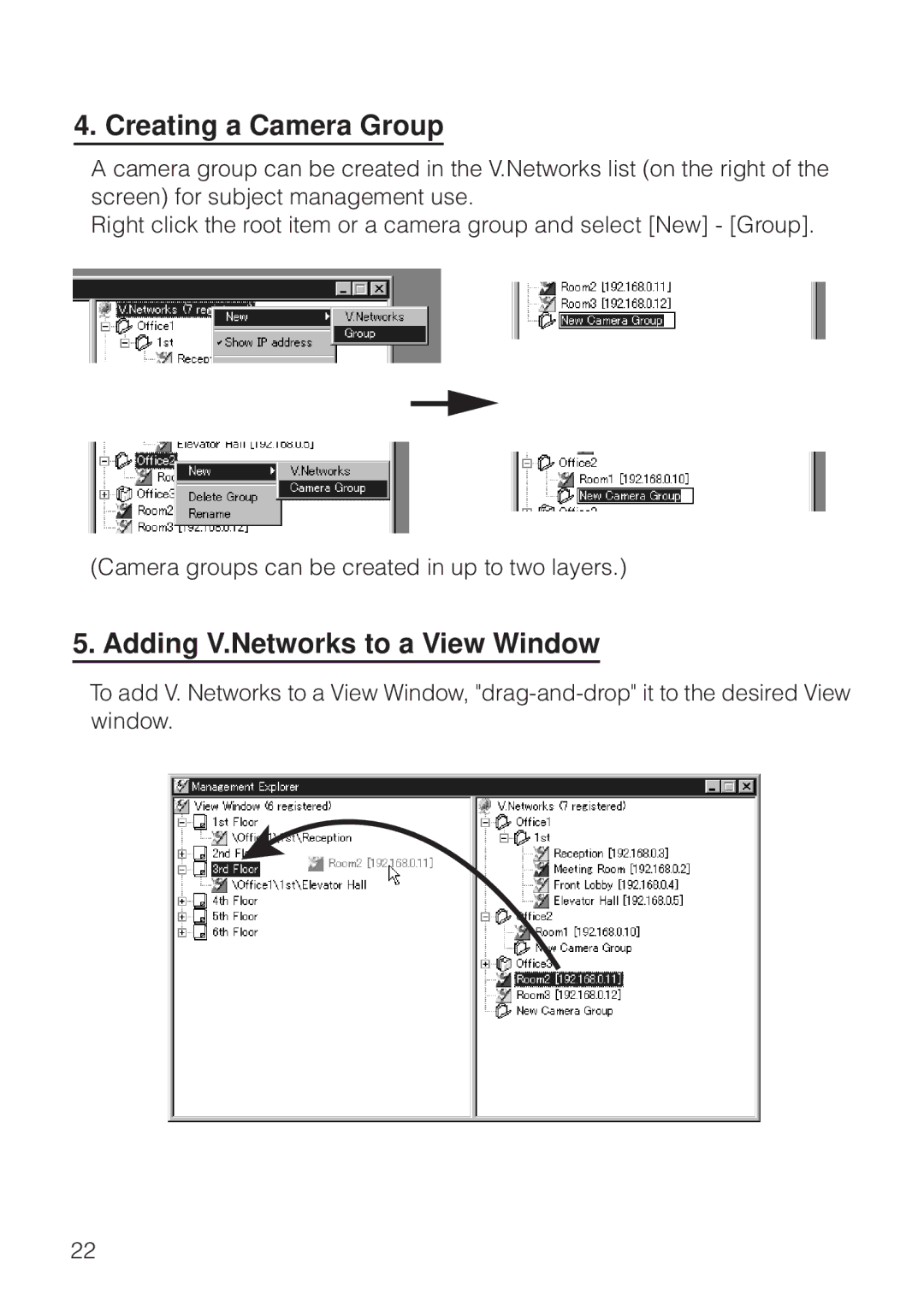 JVC VN-S200U/S100U manual Creating a Camera Group, Adding V.Networks to a View Window 