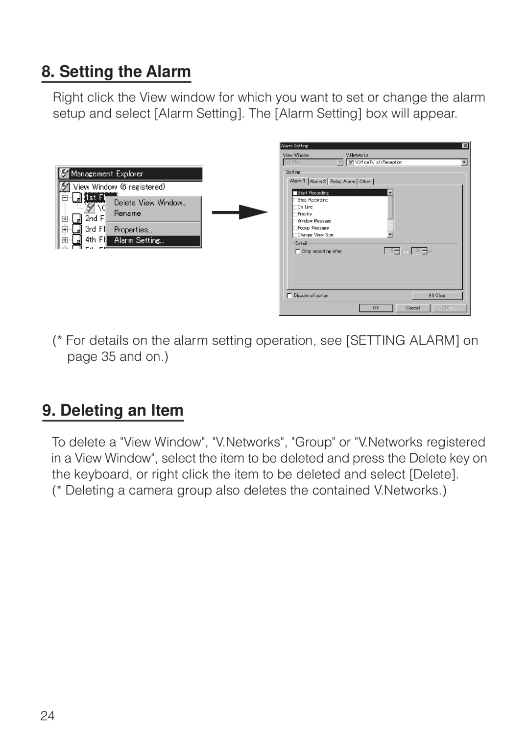 JVC VN-S200U/S100U manual Setting the Alarm, Deleting an Item 