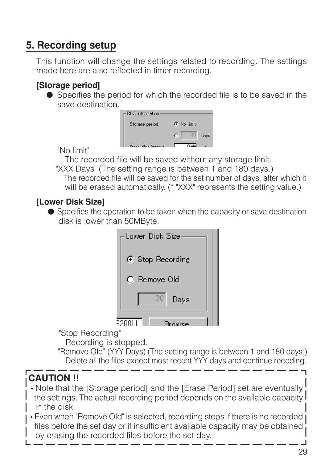 JVC VN-S200U/S100U manual Recording setup, Storage period, Lower Disk Size 
