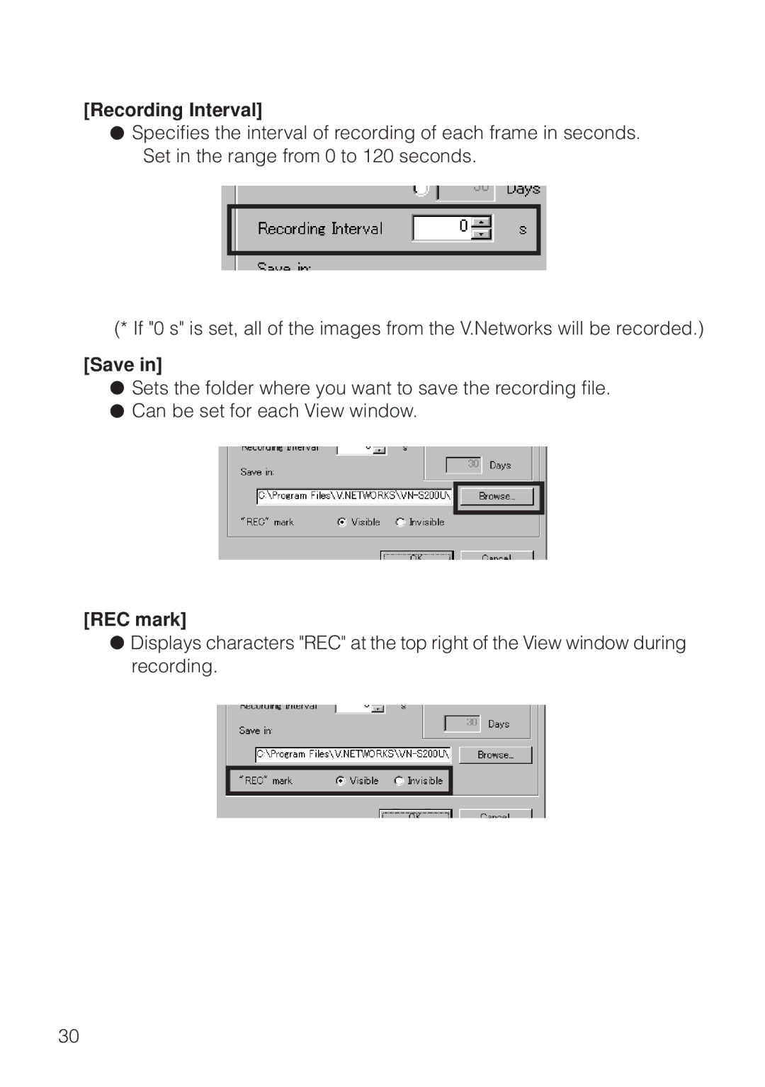 JVC VN-S200U/S100U manual Recording Interval, Save, REC mark 