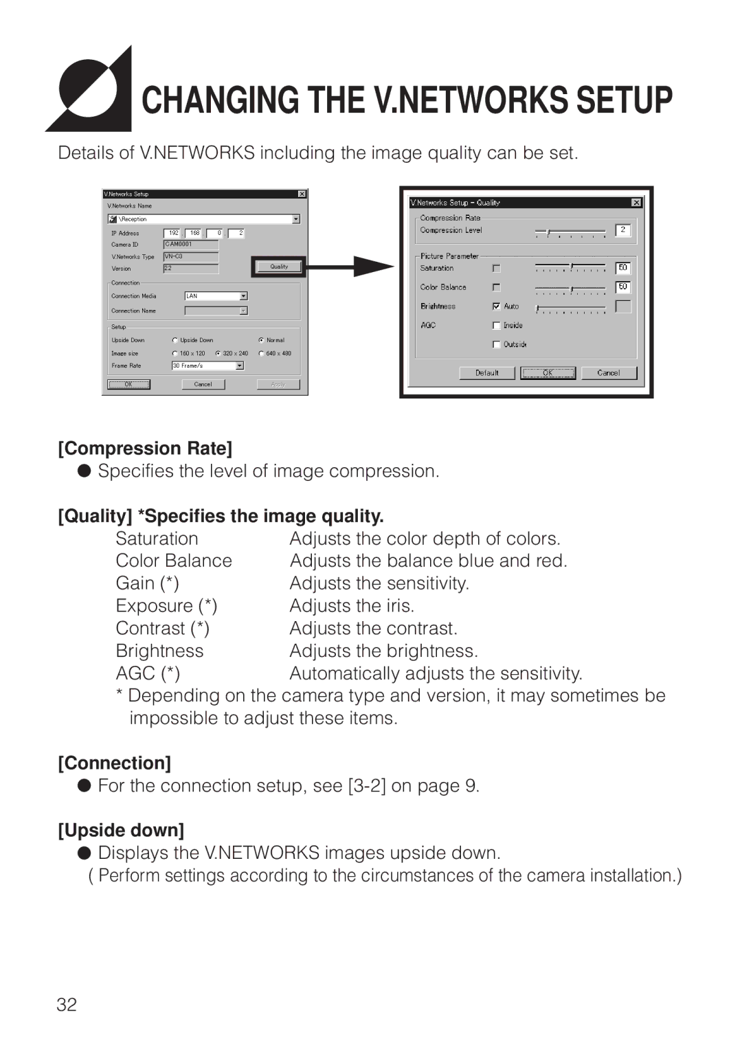 JVC VN-S200U/S100U manual Compression Rate, Quality *Specifies the image quality, Connection, Upside down 