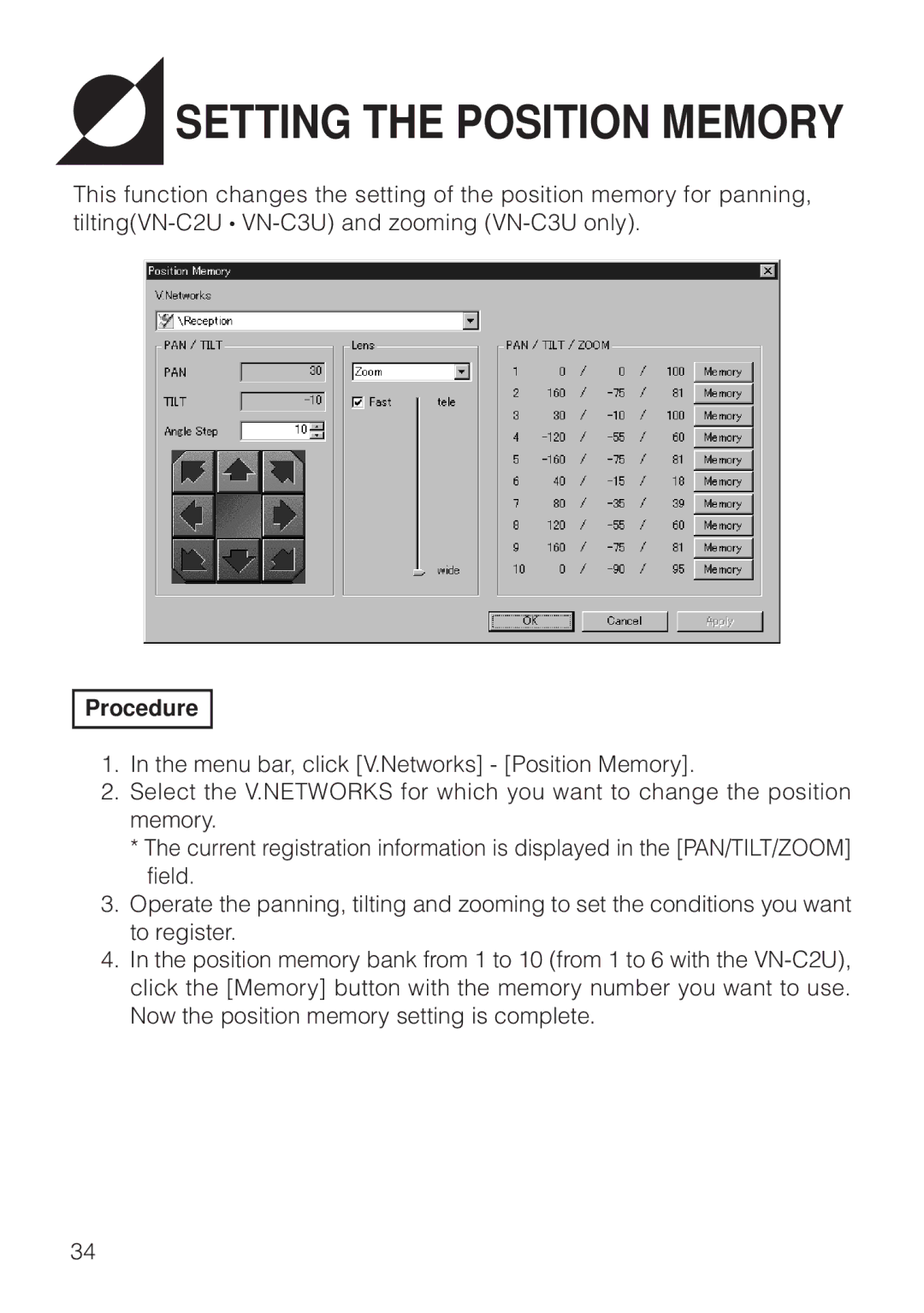 JVC VN-S200U/S100U manual Setting the Position Memory 