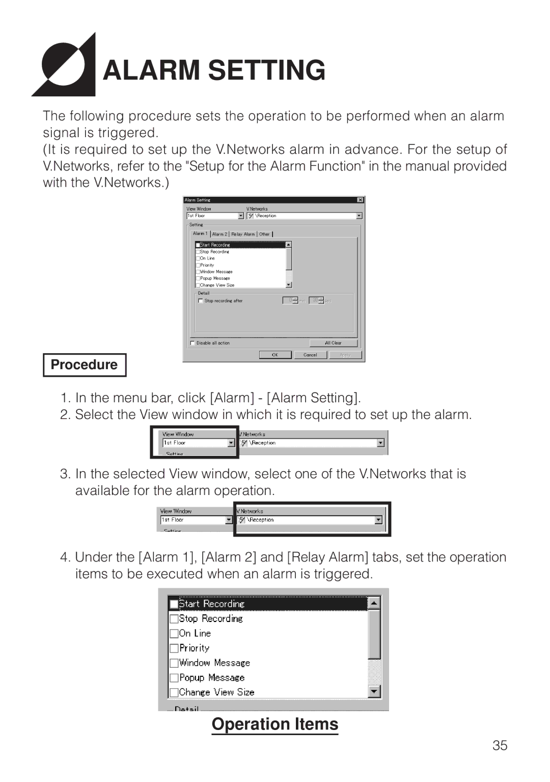 JVC VN-S200U/S100U manual Alarm Setting, Operation Items 