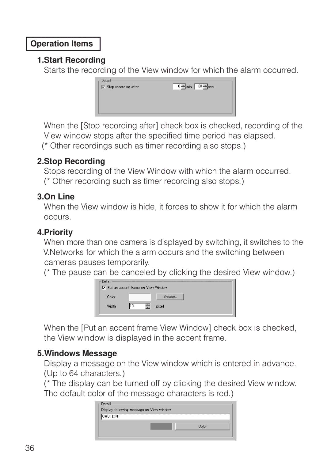 JVC VN-S200U/S100U manual Operation Items Start Recording, Stop Recording, On Line, Priority, Windows Message 