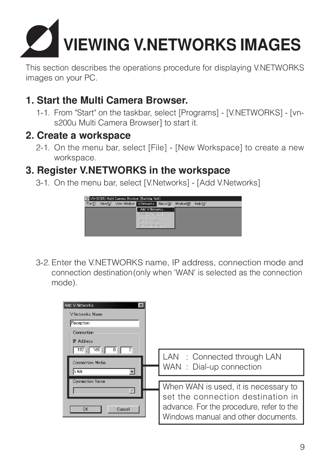 JVC VN-S200U/S100U manual Viewing V.NETWORKS Images, Start the Multi Camera Browser, Create a workspace 