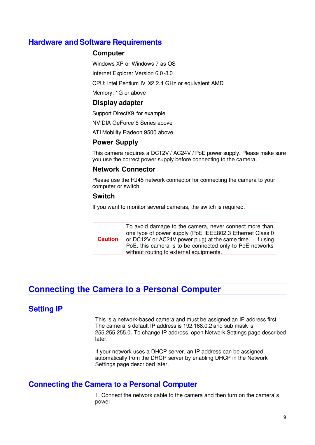 JVC VN-T16/U manual Connecting the Camera to a Personal Computer, Hardware and Software Requirements, Setting IP 