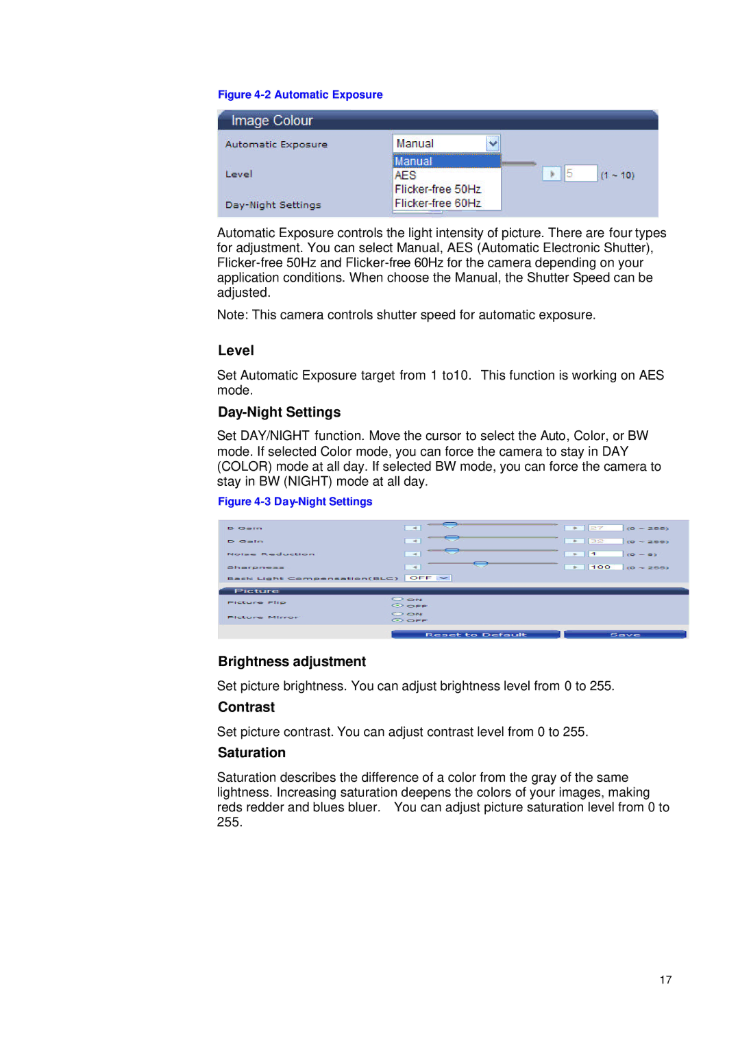 JVC VN-T16/U manual Level, Day-Night Settings, Brightness adjustment, Contrast, Saturation 