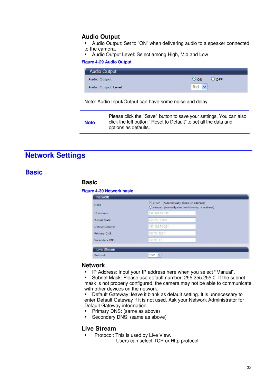 JVC VN-T16/U manual Network Settings, Audio Output, Basic, Live Stream 