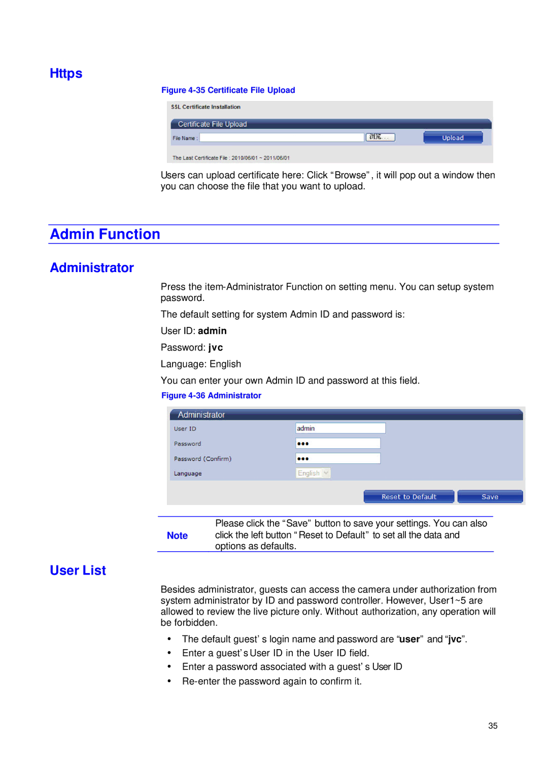 JVC VN-T16/U manual Admin Function, Https, Administrator, User List 