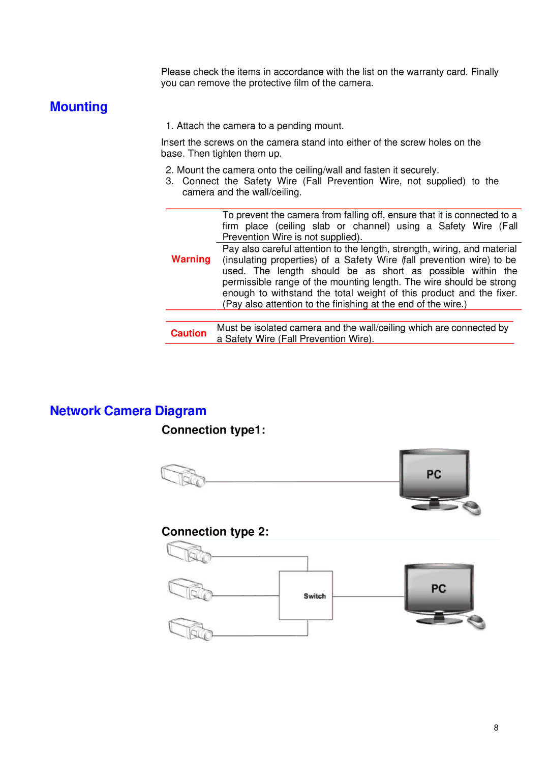 JVC VN-T16/U manual Mounting, Network Camera Diagram, Connection type1 