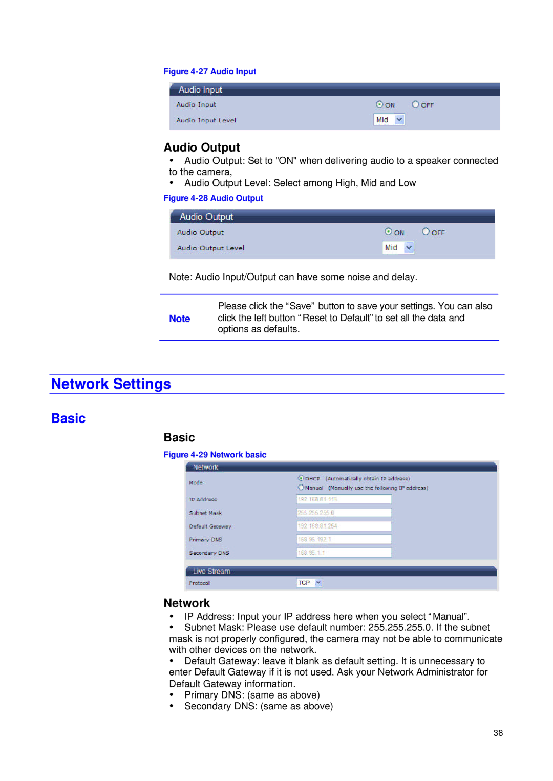 JVC VN-T216VPRU manual Network Settings, Audio Output, Basic 