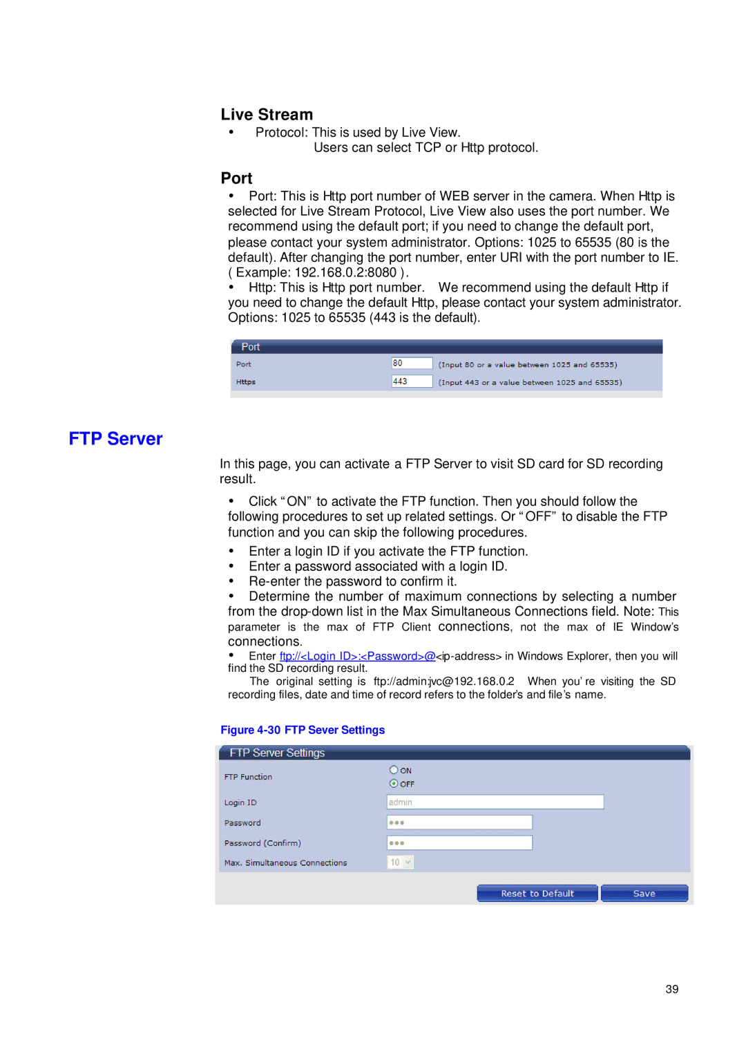 JVC VN-T216VPRU manual FTP Server, Live Stream, Port 