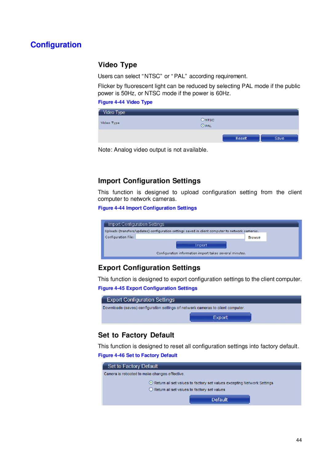 JVC VN-T216VPRU manual Video Type, Import Configuration Settings, Export Configuration Settings, Set to Factory Default 